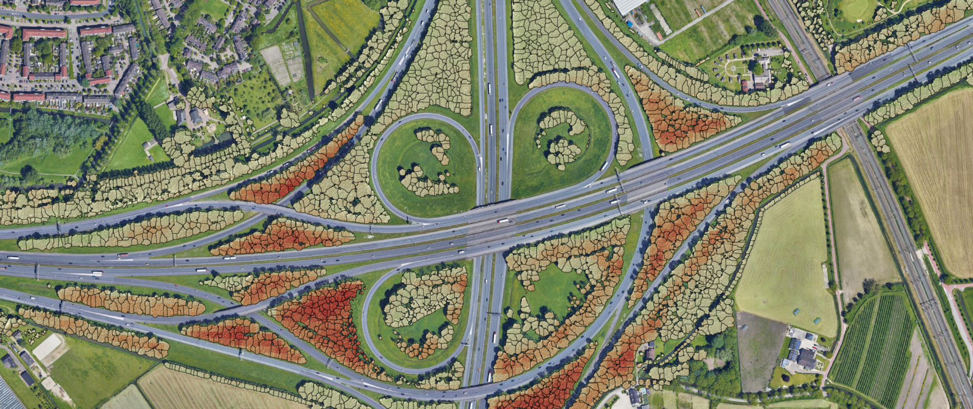 Aerial view of roadside forest monitored along a Dutch highway