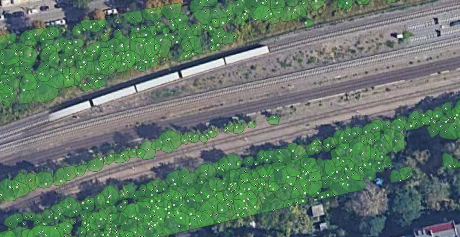 Aerial LiDAR analysis showing individual tree crowns detected along the railway in Berlin