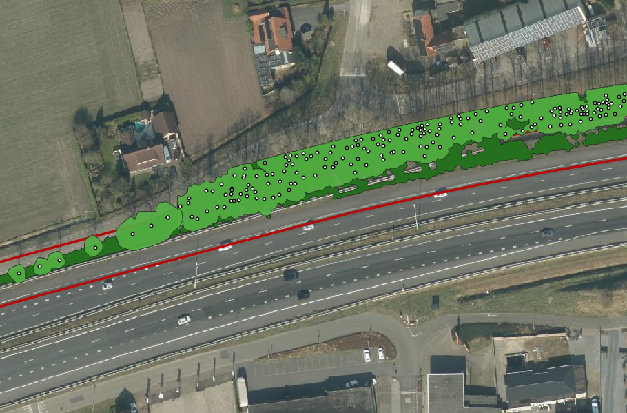 Aerial map showing tree canopy projections mapped along the sound barrier site