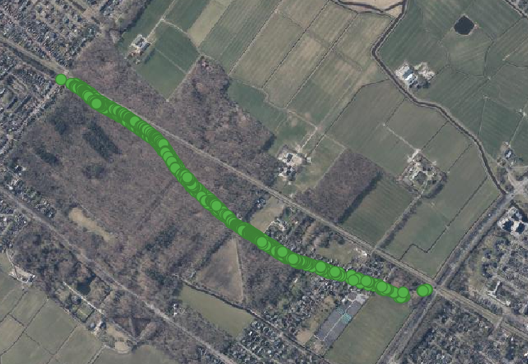 Top view of the mapped trees along the bike path in Heiloo